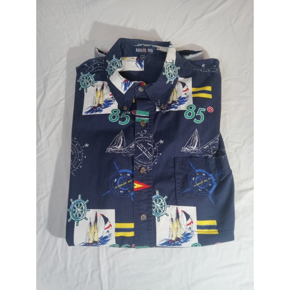 Keeler Bay Sailboat Shirt Mens XLT Short Sleeve Button Up